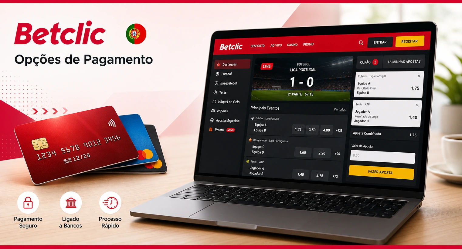 Plataforma Betclic num portátil com cartões de pagamento e apostas ao vivo